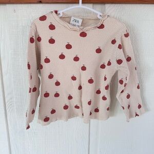 Zara Kids Long Sleeve Cotton Cream Top with Red Apples
